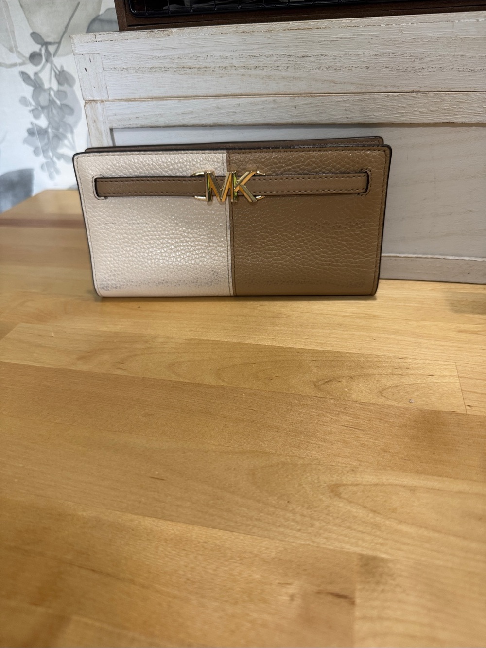 Michael Kors Two-Tone Pebbled Leather Continental Wallet in Taupe & Cream